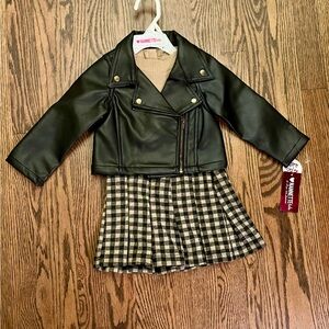 Black Faux Leather Jacket with Plaid Skirt Dress Set (2piece)